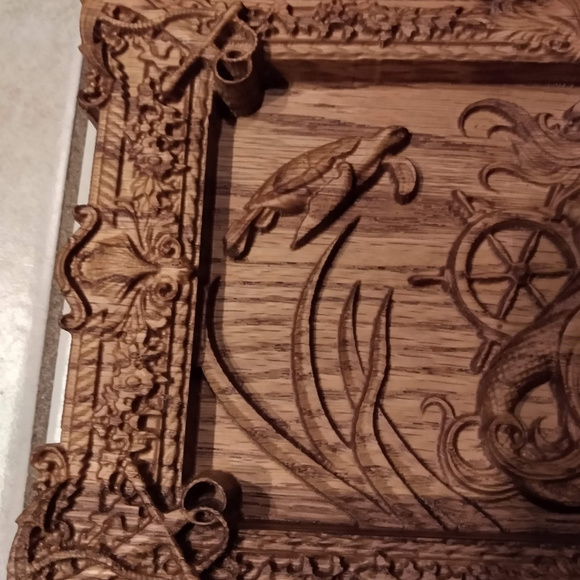Mermaid w/ Sea turtles wood carving in OAK 12 x 8